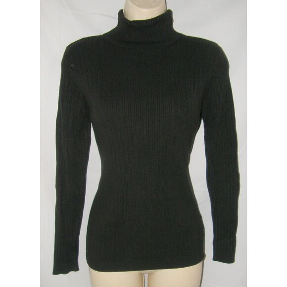Black Sz Medium (8-10) Stretchy Ribbed Lightweight Fitted Turtleneck Sweater - Picture 1 of 3